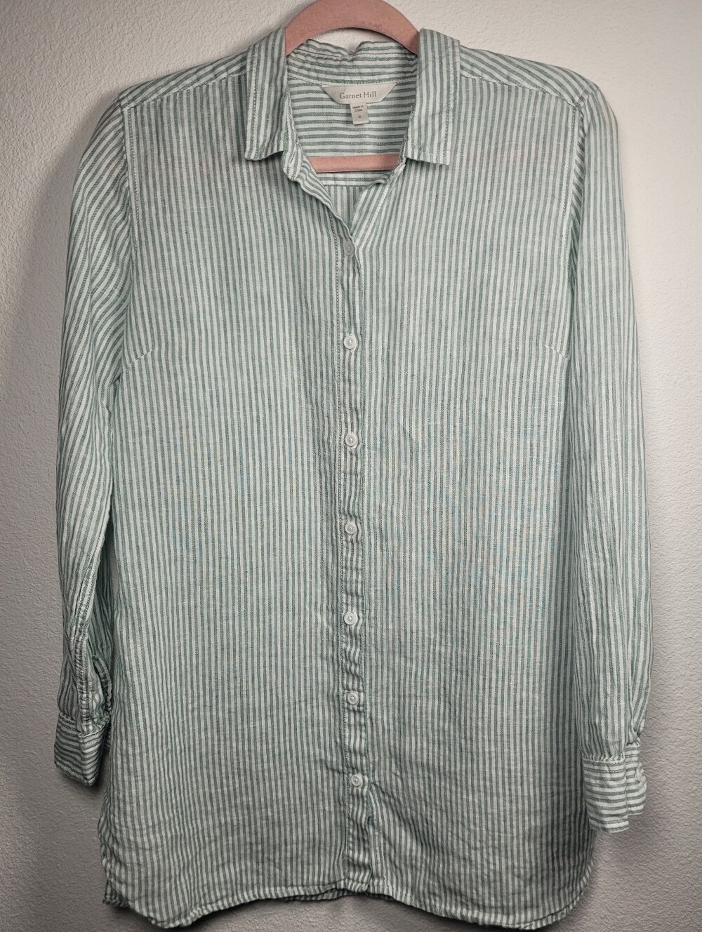 Garnet Hill 100% European Flax Linen Striped Tunic Shirt S Green White Coastal